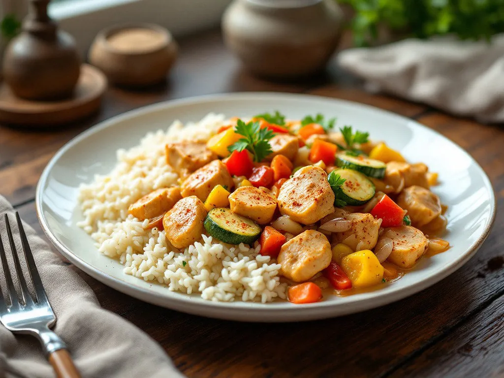 Cremige Hähnchenpfanne mit Gemüse und Reis