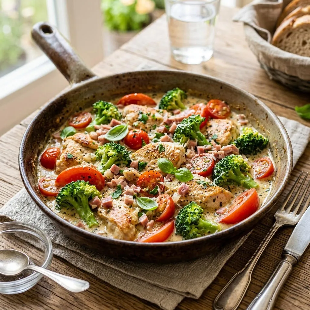 Cremige Putenpfanne mit Tomaten und Brokkoli