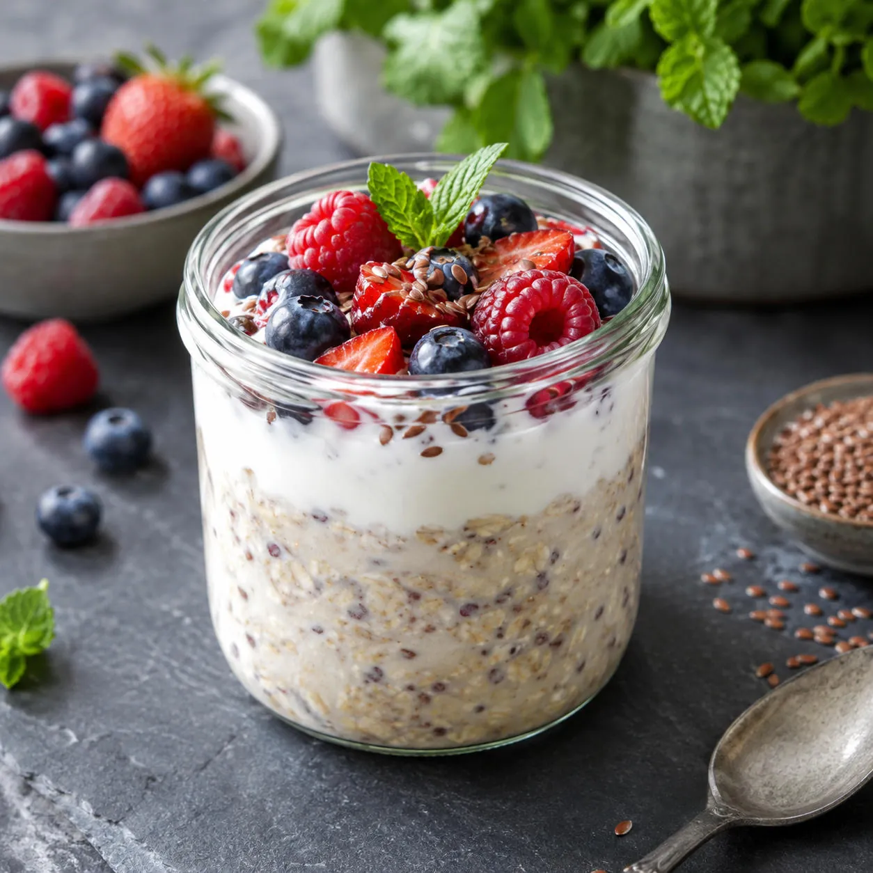 Overnight oats with berries and yoghurt