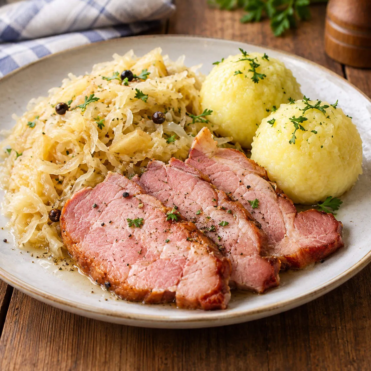 Kassler mit Sauerkraut und Kartoffelklößen