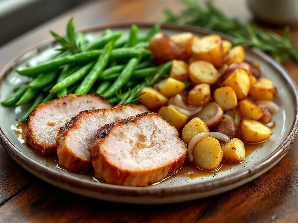 Schweinelende mit grünen Bohnen und Rosmarinkartoffeln