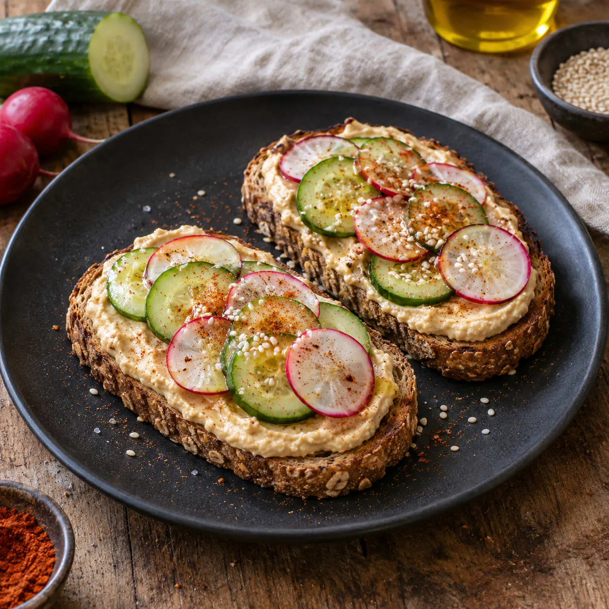 Hummus-Toast mit Gurke und Radieschen