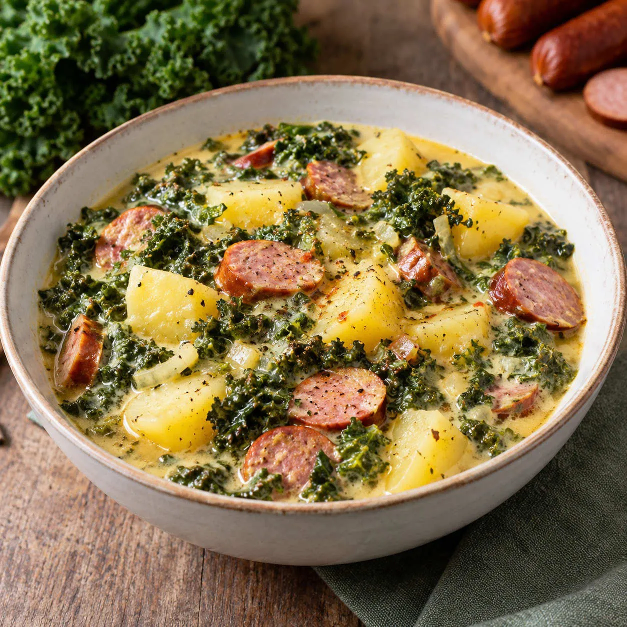 Kale and potato stew with cabanossi and cream