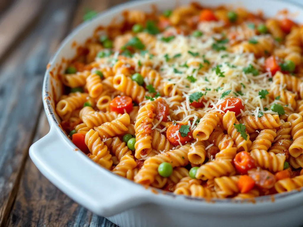 Überbackener Thunfisch-Spirelli-Auflauf mit Gemüse
