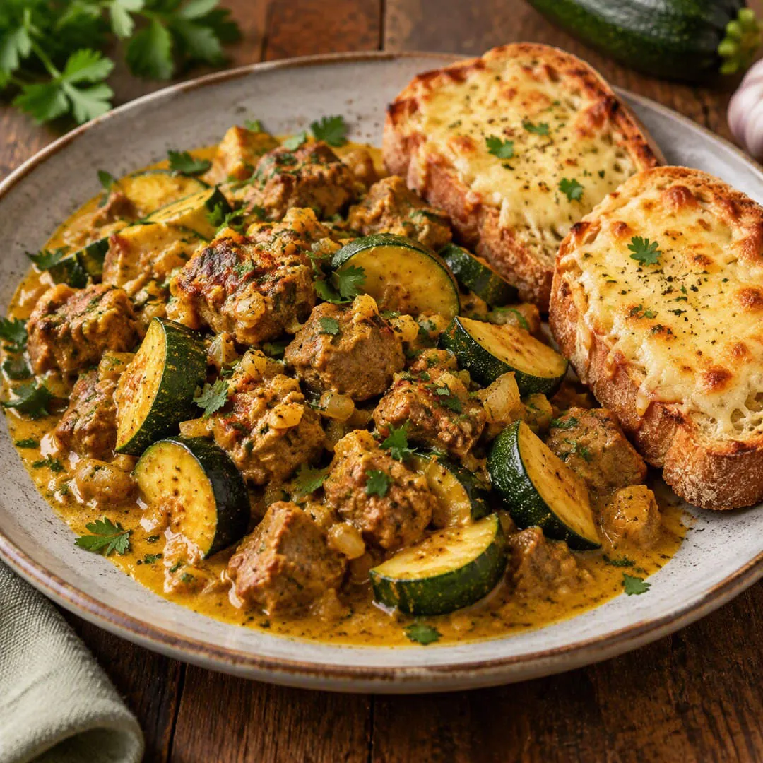 Würzige Lamm-Zucchini-Curry-Pfanne mit Käsebrot