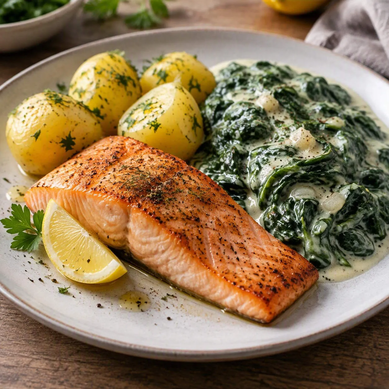 Lachs mit Kartoffeln und cremigem Spinat