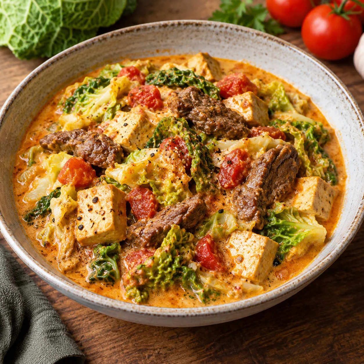 Rindfleisch-Tofu-Pfanne mit Wirsing in Tomaten-Sahne-Sauce