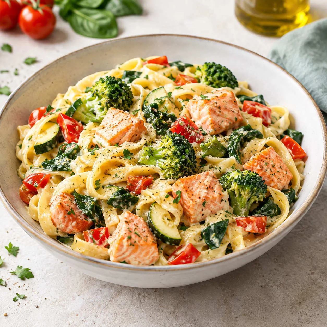Cremige Lachs-Bandnudeln mit Gemüse