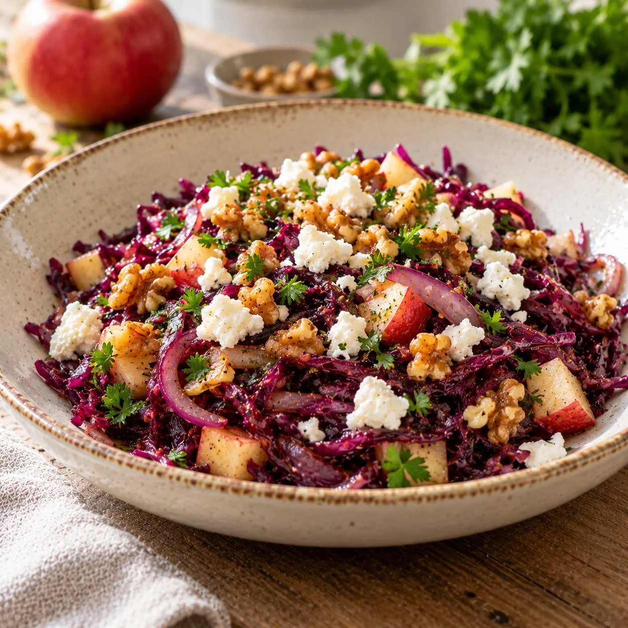 Warmer Rotkohl mit Apfel, Walnüssen & Feta