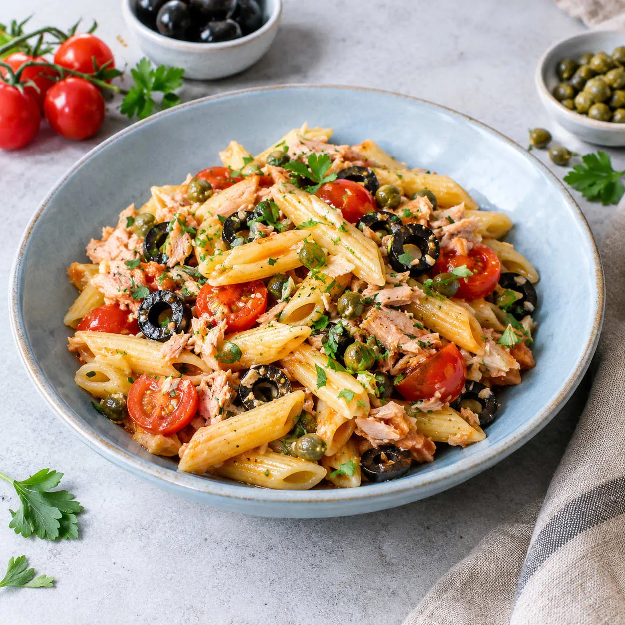 Tuna pasta with olives and capers