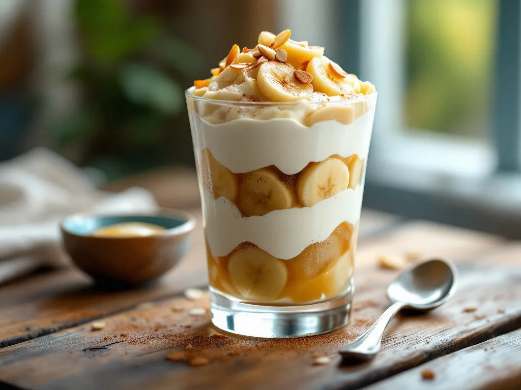 Kartoffelbrei-Dessert mit Apfelmus, Banane und Zimtjoghurt