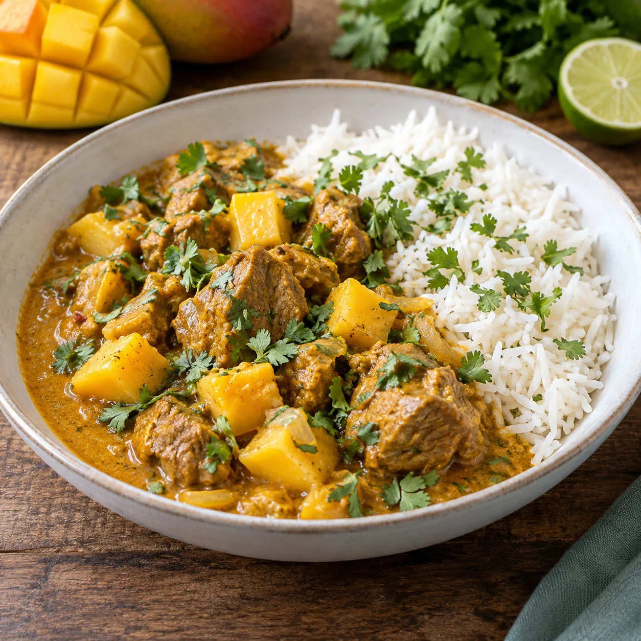 Indisches Lammcurry mit Mango und Basmatireis