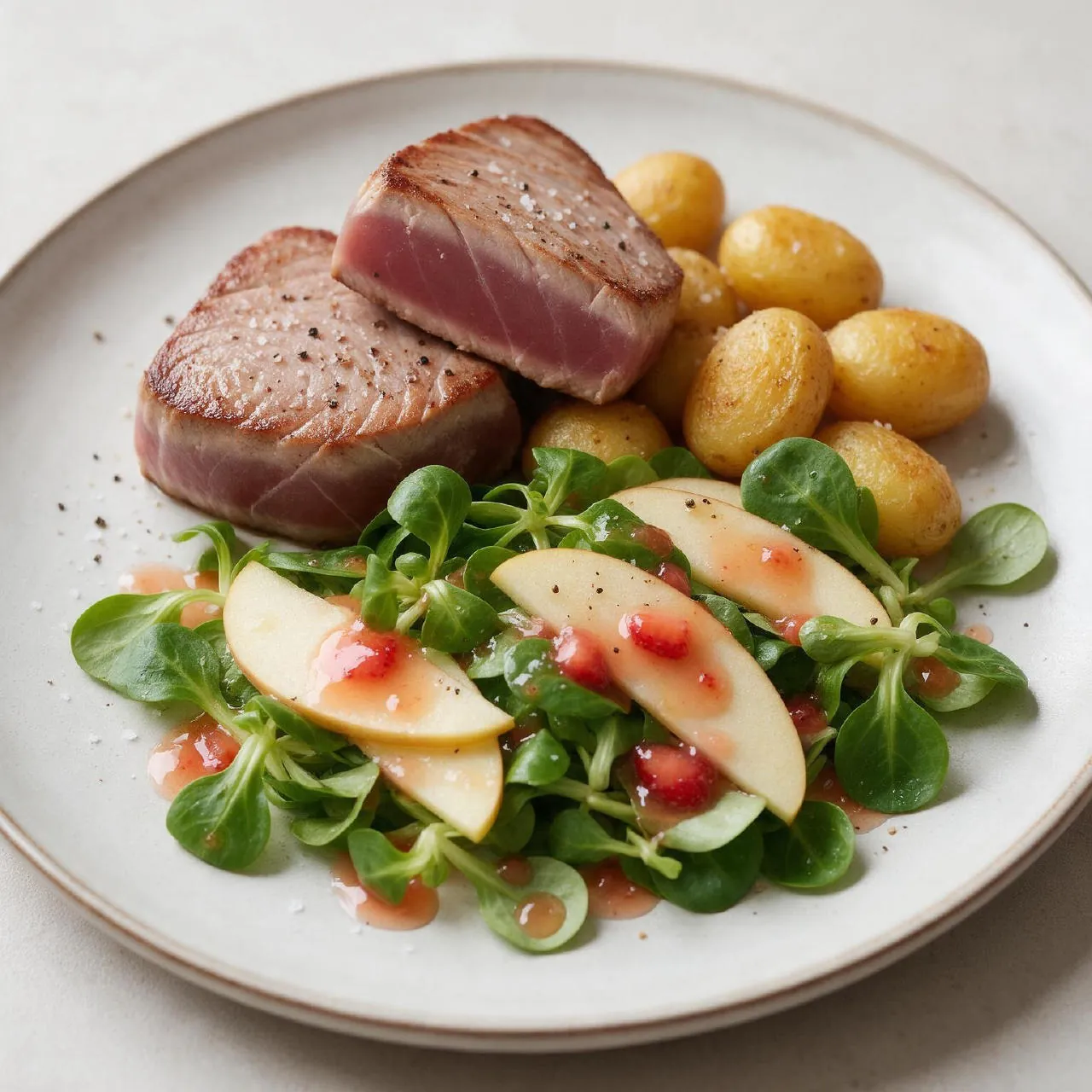 Thunfisch mit Honig-Apfel-Erdbeer-Salat und Kartoffeln