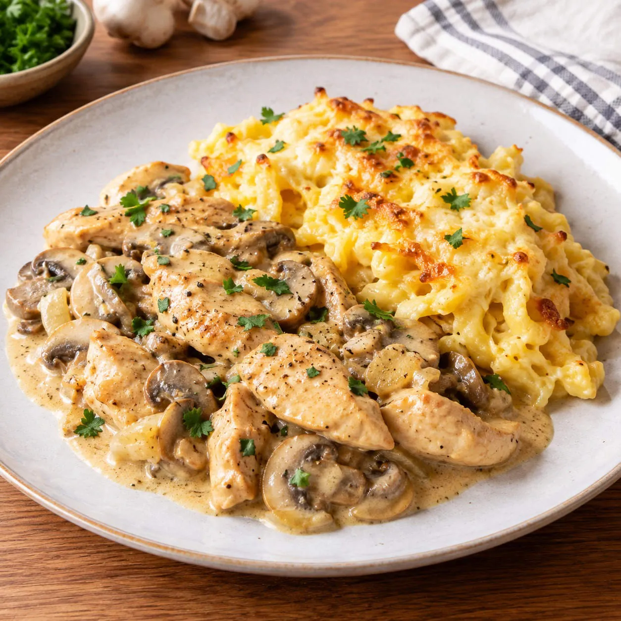 Putengeschnetzeltes mit Champignons und Käsespätzle