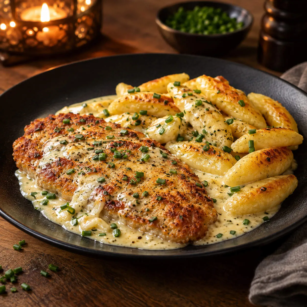 Schweineschnitzel in Kochkäse-Sahne-Sauce mit Schupfnudeln
