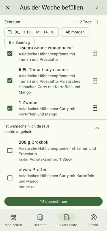 Zutaten aus der Woche übernehmen
