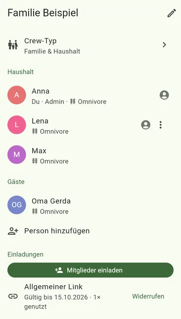 Die Crew mit Haushalt, Gästen und Einladung