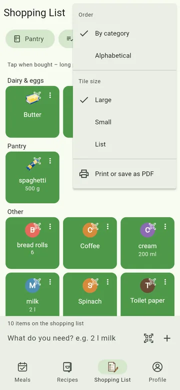 The shopping list menu