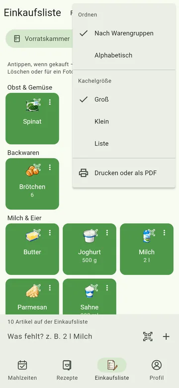 Das Menü der Einkaufsliste