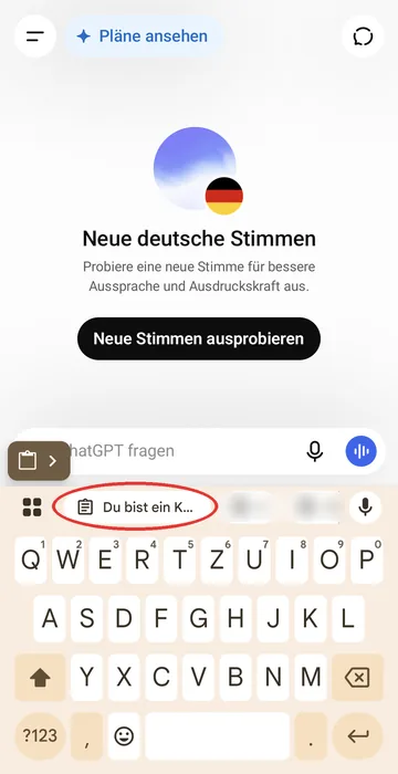 Der Prompt als Vorschlag über der Tastatur