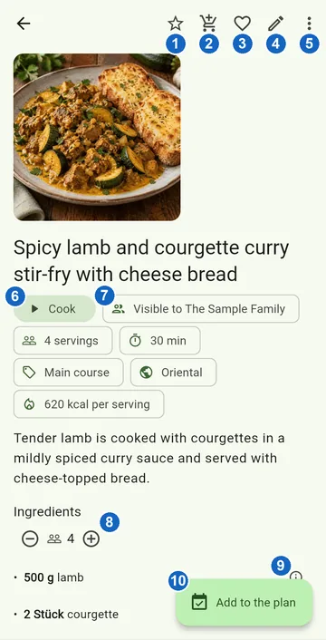The buttons of a recipe, numbered