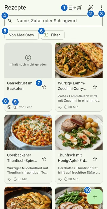 Die Knöpfe der Rezeptliste, nummeriert
