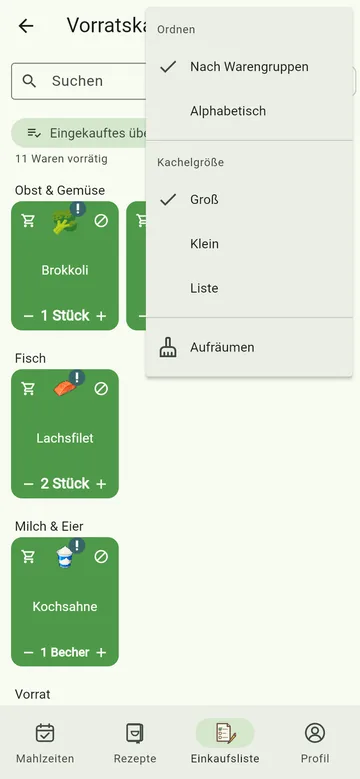 Das Menü der Vorratskammer