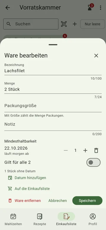 Mindesthaltbarkeit erfassen
